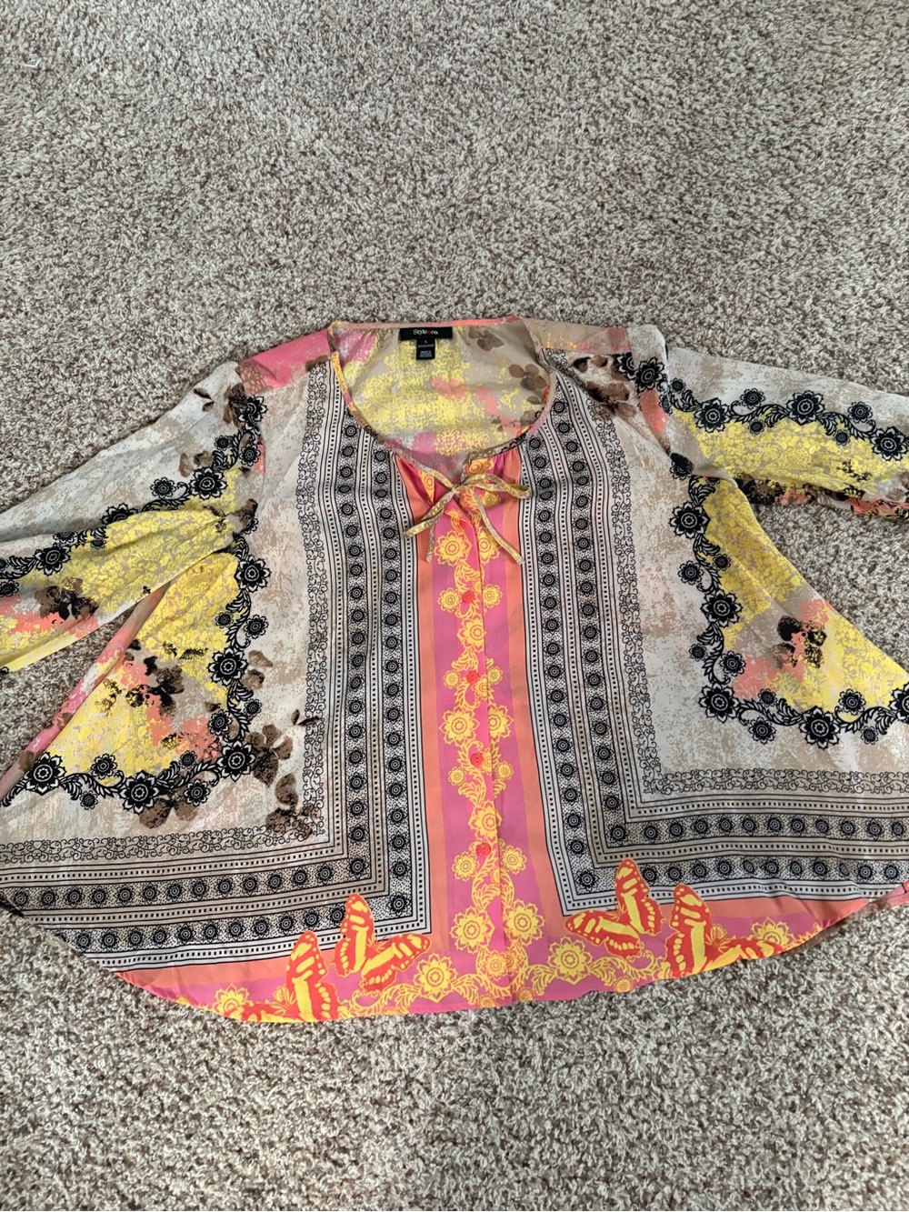 Style & Co. Pink, Yellow & Cream Mixed-Print Tie-Neck Blouse